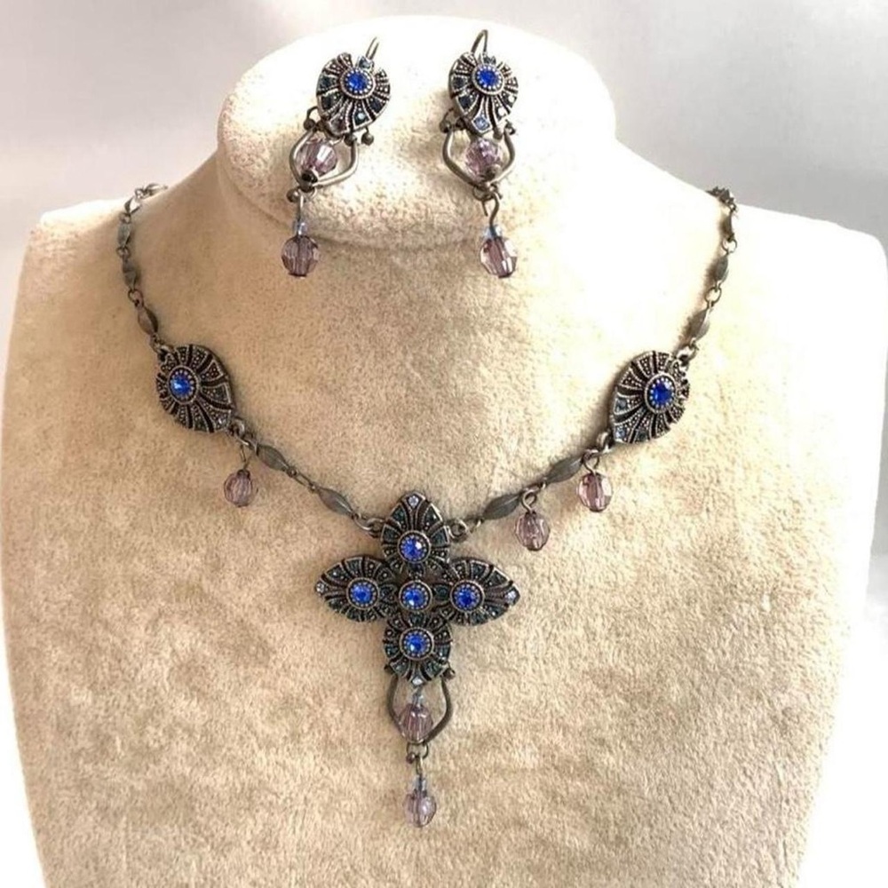 Vintage-Inspired Blue Crystal & Lavender Drop Necklace Set y2k fairy goth
